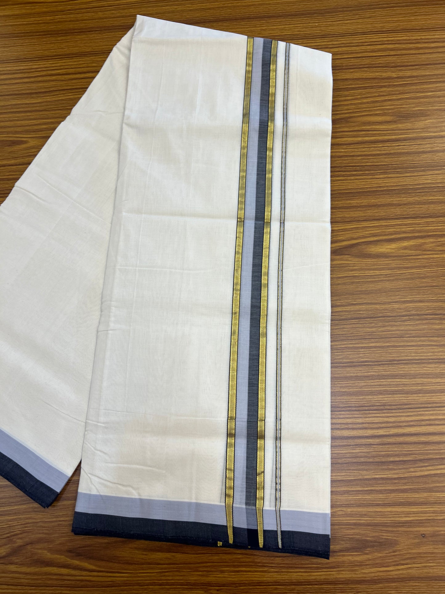 25% Discount! KaithariKada Handloom Unakkupaav   - Kerala Handloom - 100% Pure Cotton Off White (Unbleached) Double Mundu/Dothi - 100x80 - 1.75 inch Gold Kasav Blue & Ash Blue Striped Kara 4.5 Meters (10 Muzham) - 3 KK5353 REA