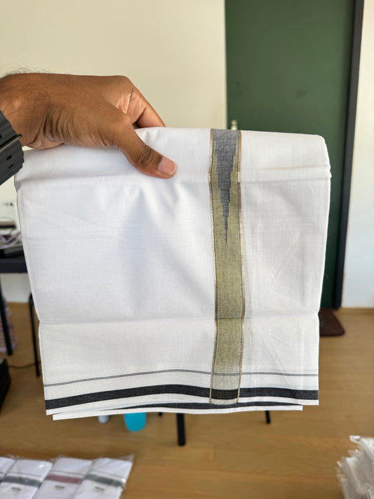 Double Pure White Mundu/Dhoti - 20% Discount !! KaithariKada Balaramapuram 100% Cotton - 100x80 - 1 inch Olive Green Shaded & Black Silver Kasav Chutty Kara 3.80 mtr (8 muzham) - 13 KK5505 VAS