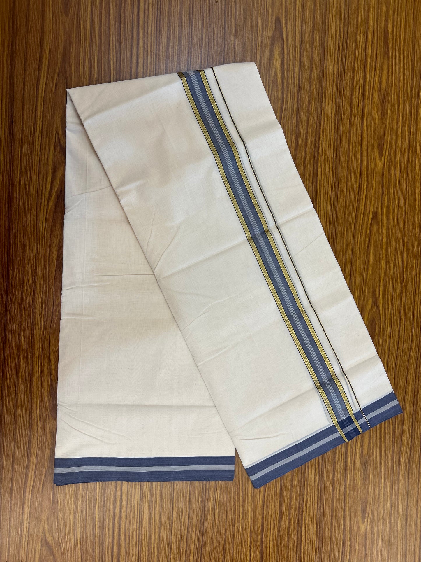 25% Discount! KaithariKada Handloom Unakkupaav   - Kerala Handloom - 100% Pure Cotton Off White (Unbleached) Double Mundu/Dothi - 100x80 - 1.5 inch Gold Kasav & Ash Blue Striped Kara 4.5 Meters (10 Muzham) - 4 KK5353 REA
