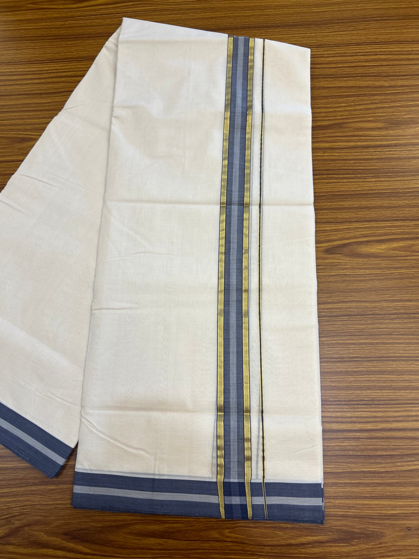 25% Discount! KaithariKada Handloom Unakkupaav   - Kerala Handloom - 100% Pure Cotton Off White (Unbleached) Double Mundu/Dothi - 100x80 - 1.5 inch Gold Kasav & Ash Blue Striped Kara 4.5 Meters (10 Muzham) - 4 KK5353 REA