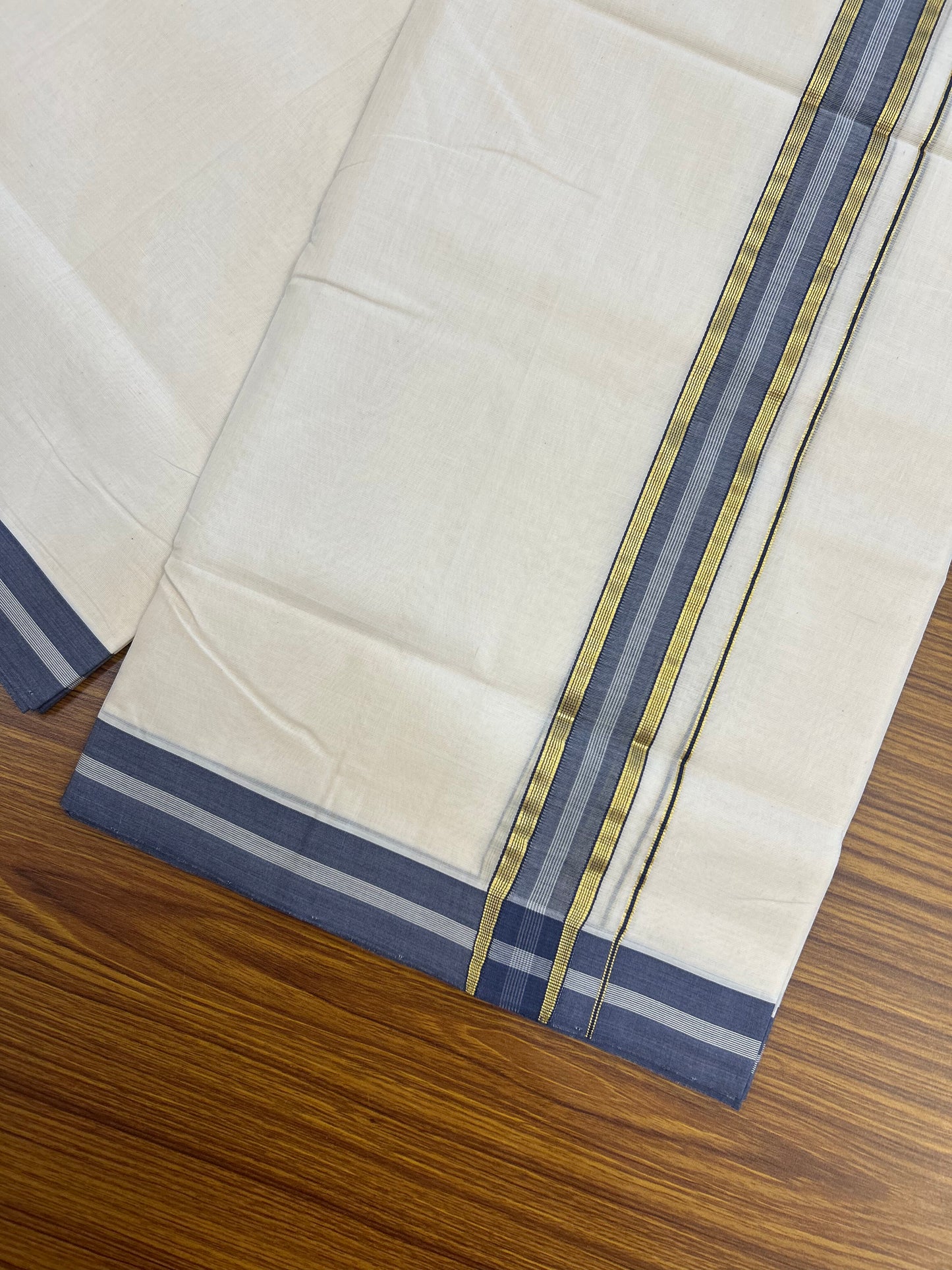 25% Discount! KaithariKada Handloom Unakkupaav   - Kerala Handloom - 100% Pure Cotton Off White (Unbleached) Double Mundu/Dothi - 100x80 - 1.5 inch Gold Kasav & Ash Blue Striped Kara 4.5 Meters (10 Muzham) - 4 KK5353 REA