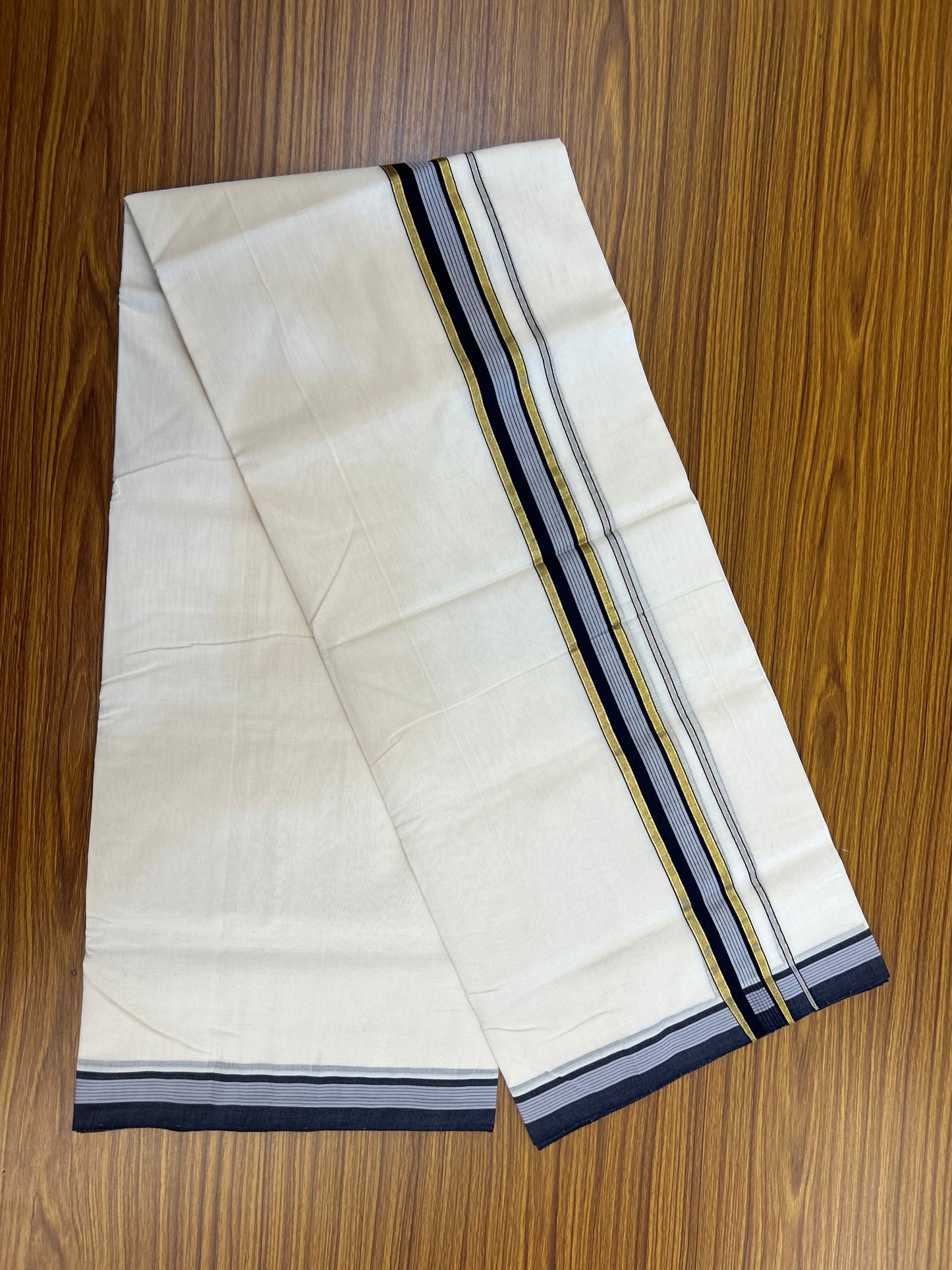 25% Discount! KaithariKada Handloom Unakkupaav   - Kerala Handloom - 100% Pure Cotton Off White (Unbleached) Double Mundu/Dothi - 100x80 - 1.5 inch Gold Kasav Navy Blue & Grey Striped Kara 4.5 Meters (10 Muzham) - 5 KK5353 REA