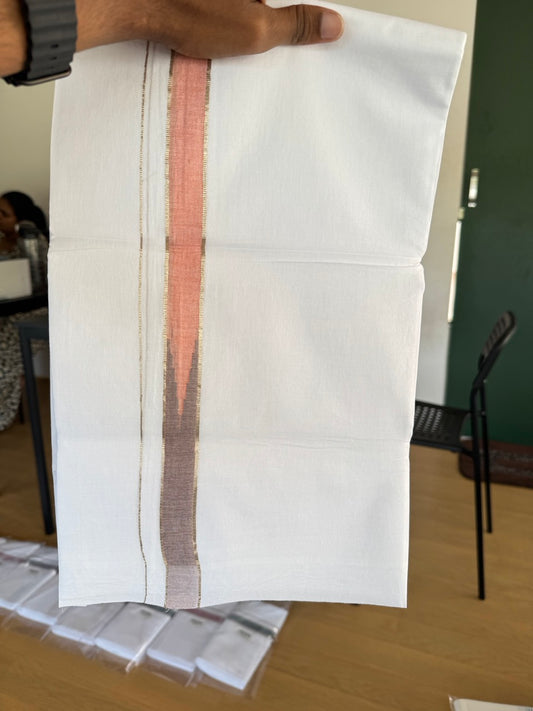 Double Pure White Mundu/Dhoti - 20% Discount !! KaithariKada Balaramapuram 100% Cotton - 100x80 - 0.75 inch Peach Shaded & Grey Silver Kasav Chutty Kara 3.80 mtr (8 muzham) - 10 KK5505 VAS