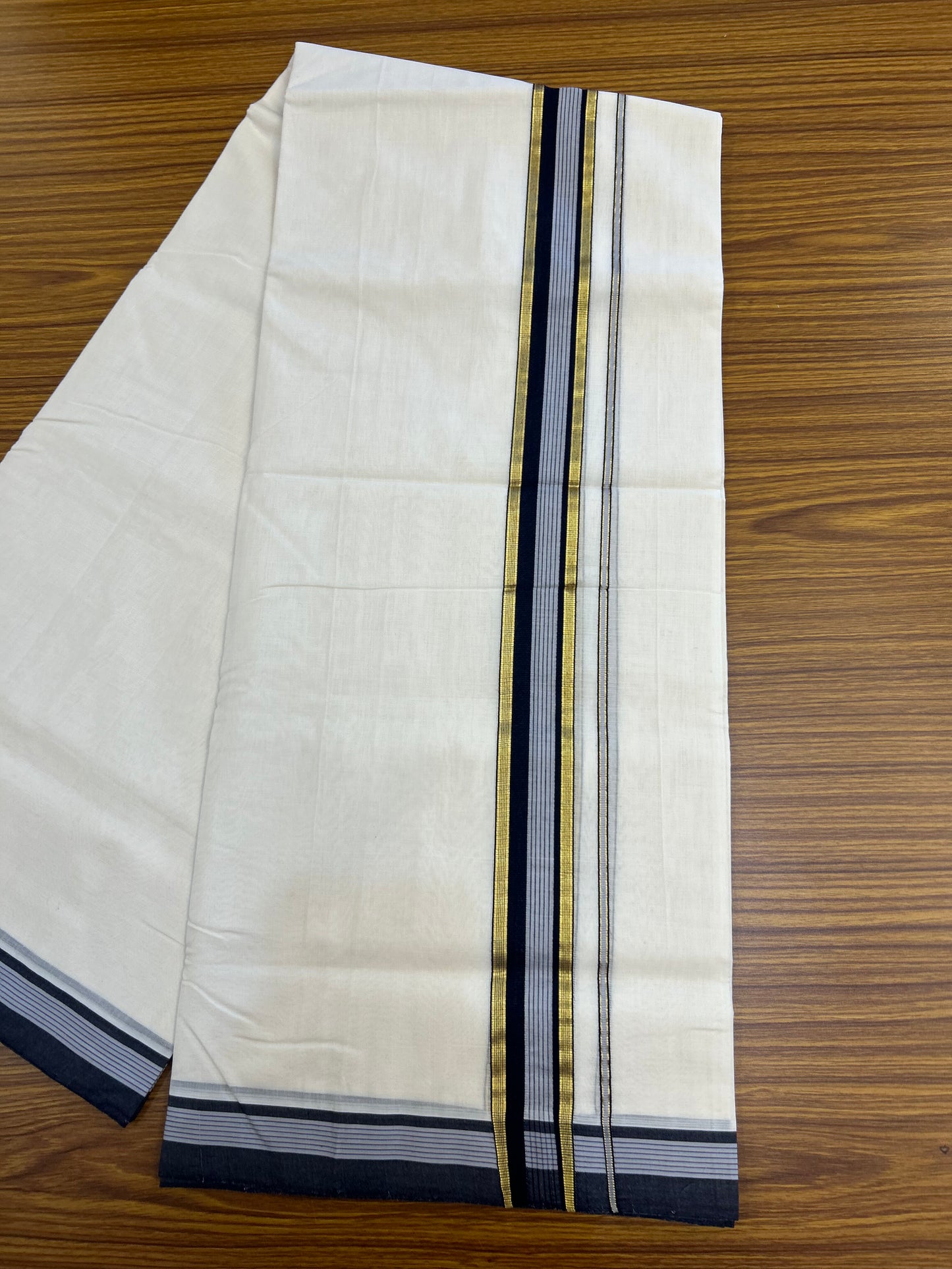 25% Discount! KaithariKada Handloom Unakkupaav   - Kerala Handloom - 100% Pure Cotton Off White (Unbleached) Double Mundu/Dothi - 100x80 - 1.5 inch Gold Kasav Navy Blue & Grey Striped Kara 4.5 Meters (10 Muzham) - 5 KK5353 REA