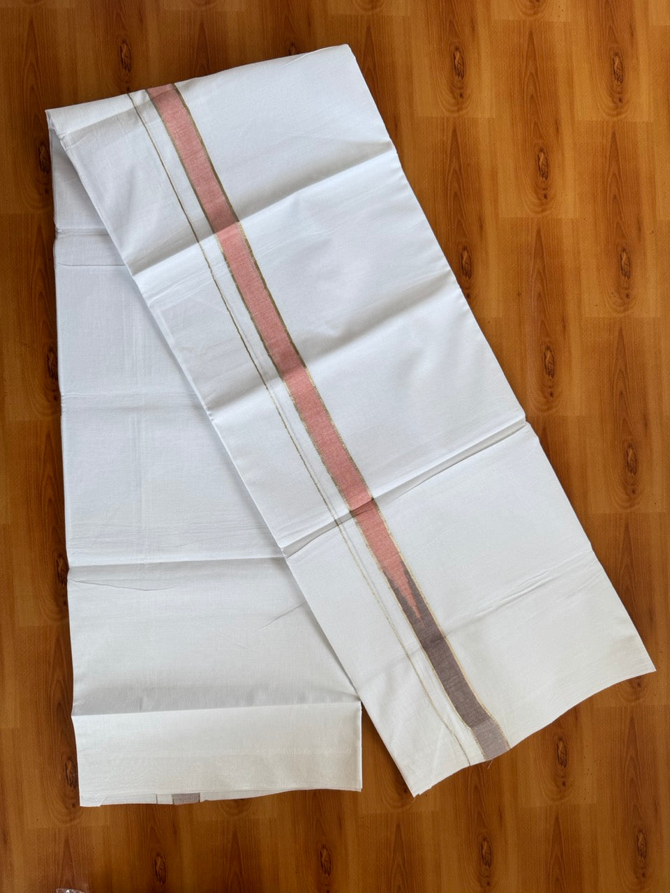 Double Pure White Mundu/Dhoti - 20% Discount !! KaithariKada Balaramapuram 100% Cotton - 100x80 - 0.75 inch Peach Shaded & Grey Silver Kasav Chutty Kara 3.80 mtr (8 muzham) - 10 KK5505 VAS