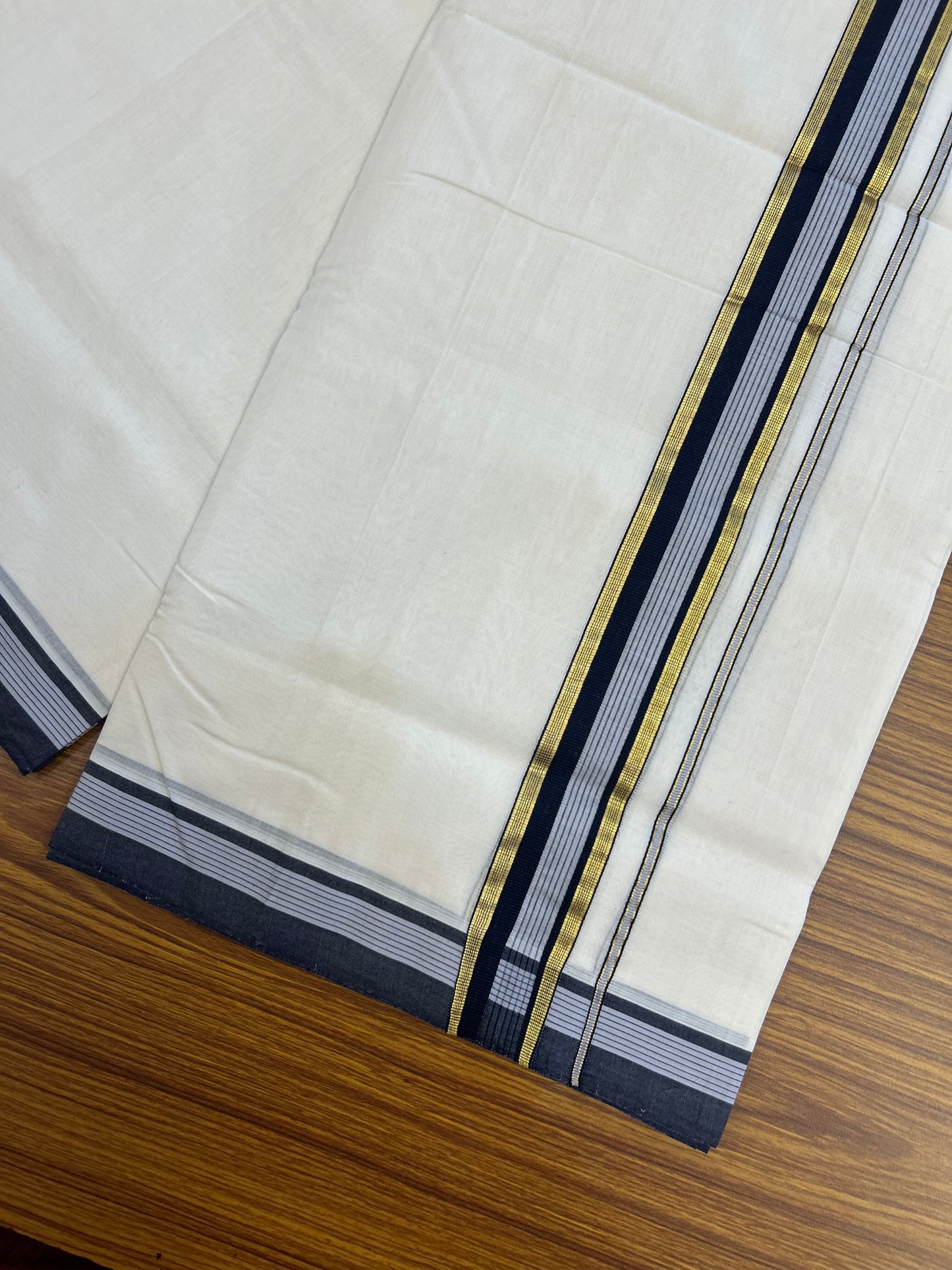 25% Discount! KaithariKada Handloom Unakkupaav   - Kerala Handloom - 100% Pure Cotton Off White (Unbleached) Double Mundu/Dothi - 100x80 - 1.5 inch Gold Kasav Navy Blue & Grey Striped Kara 4.5 Meters (10 Muzham) - 5 KK5353 REA