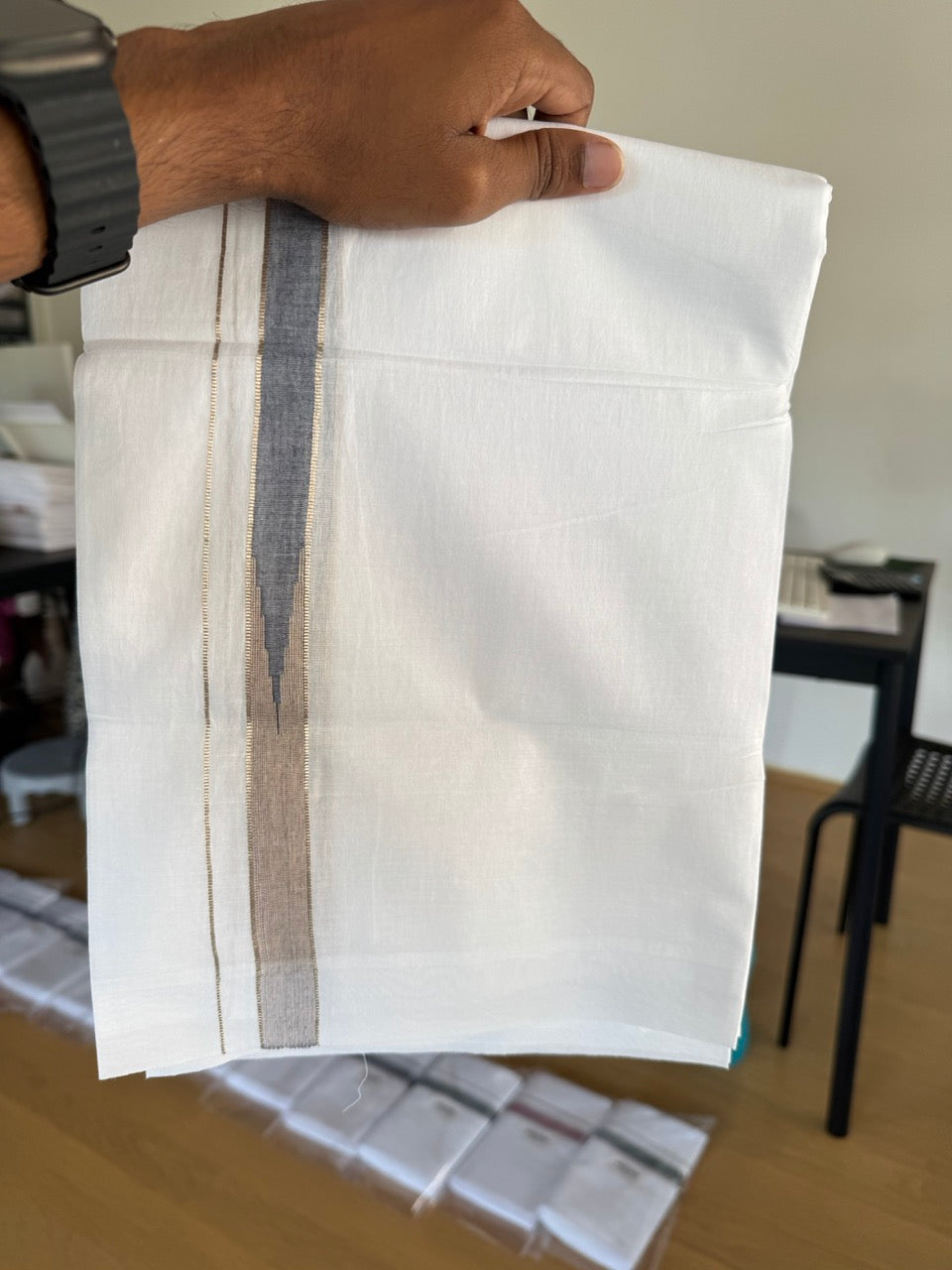 Double Pure White Mundu/Dhoti - 20% Discount !! KaithariKada Balaramapuram 100% Cotton - 100x80 - 0.75 inch Black Shaded & Sand Brown Silver Kasav Chutty Kara 3.80 mtr (8 muzham) - 9 KK5505 VAS