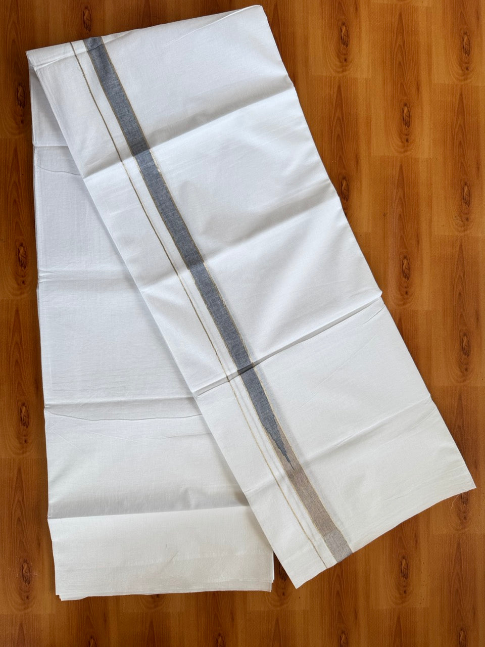 Double Pure White Mundu/Dhoti - 20% Discount !! KaithariKada Balaramapuram 100% Cotton - 100x80 - 0.75 inch Black Shaded & Sand Brown Silver Kasav Chutty Kara 3.80 mtr (8 muzham) - 9 KK5505 VAS