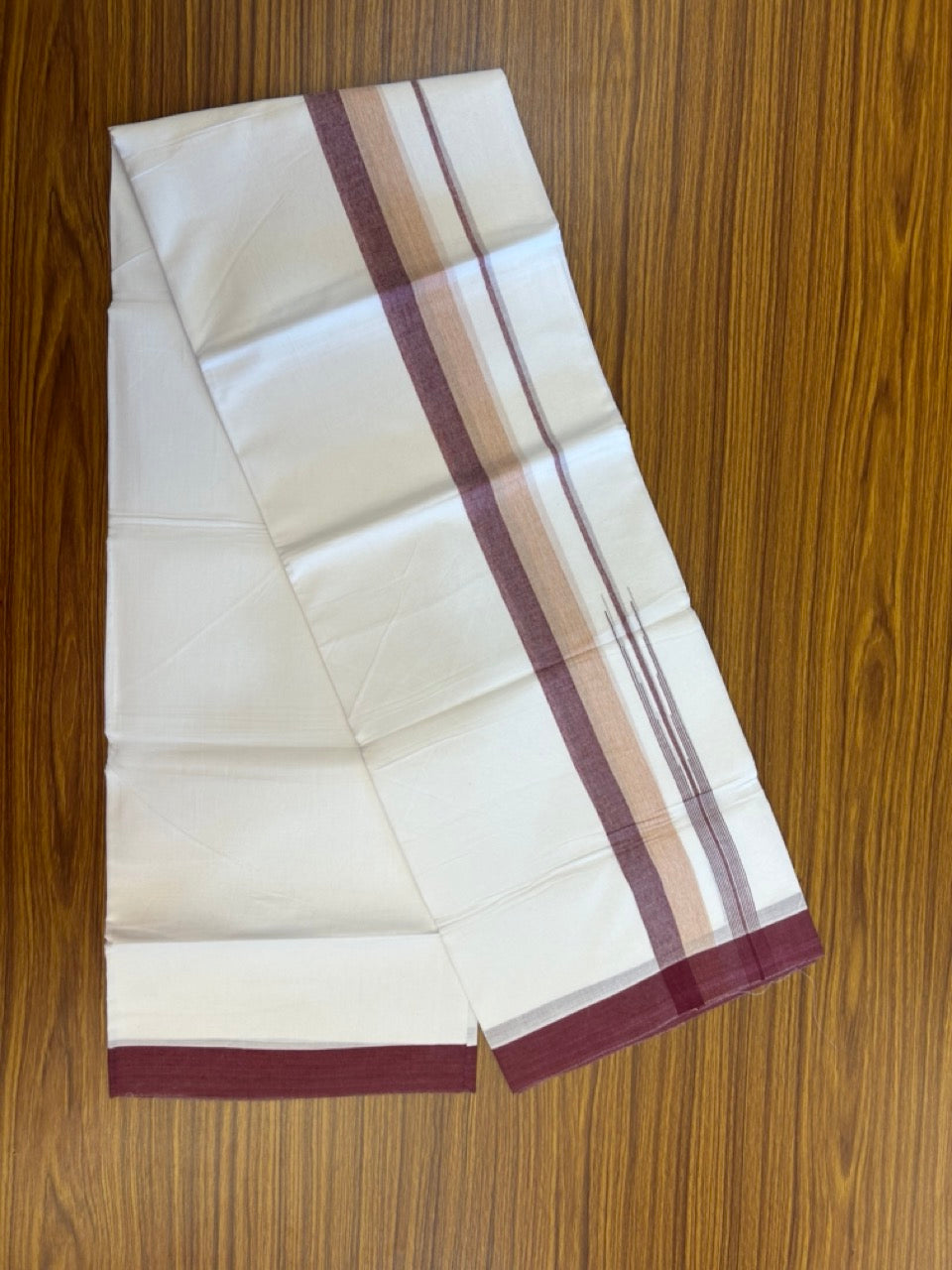 20% Discount ! Kaitharikada Balaramapuram 100% Pure Cotton Double Pure White Mundu/Dhoti - 100x80 - 1.5 inch Light Orange & Wine Purple Green shaded chutty 3.90 mtr (8.5 muzham) - 90 KK5287 PMC