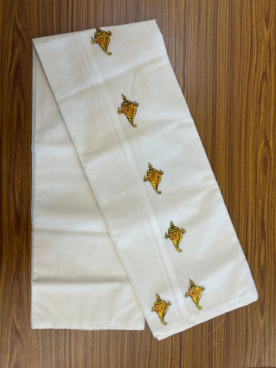 KaithariKada Balaramapuram 100% Cotton Double Off white - (Unbleached) Mundu/Dhoti-100x80 - 0.5 inch Hand Painted Orange & Yellow Mural Design Kara 3.75 mtr (8 muzham) - 10 KK5244 ASH
