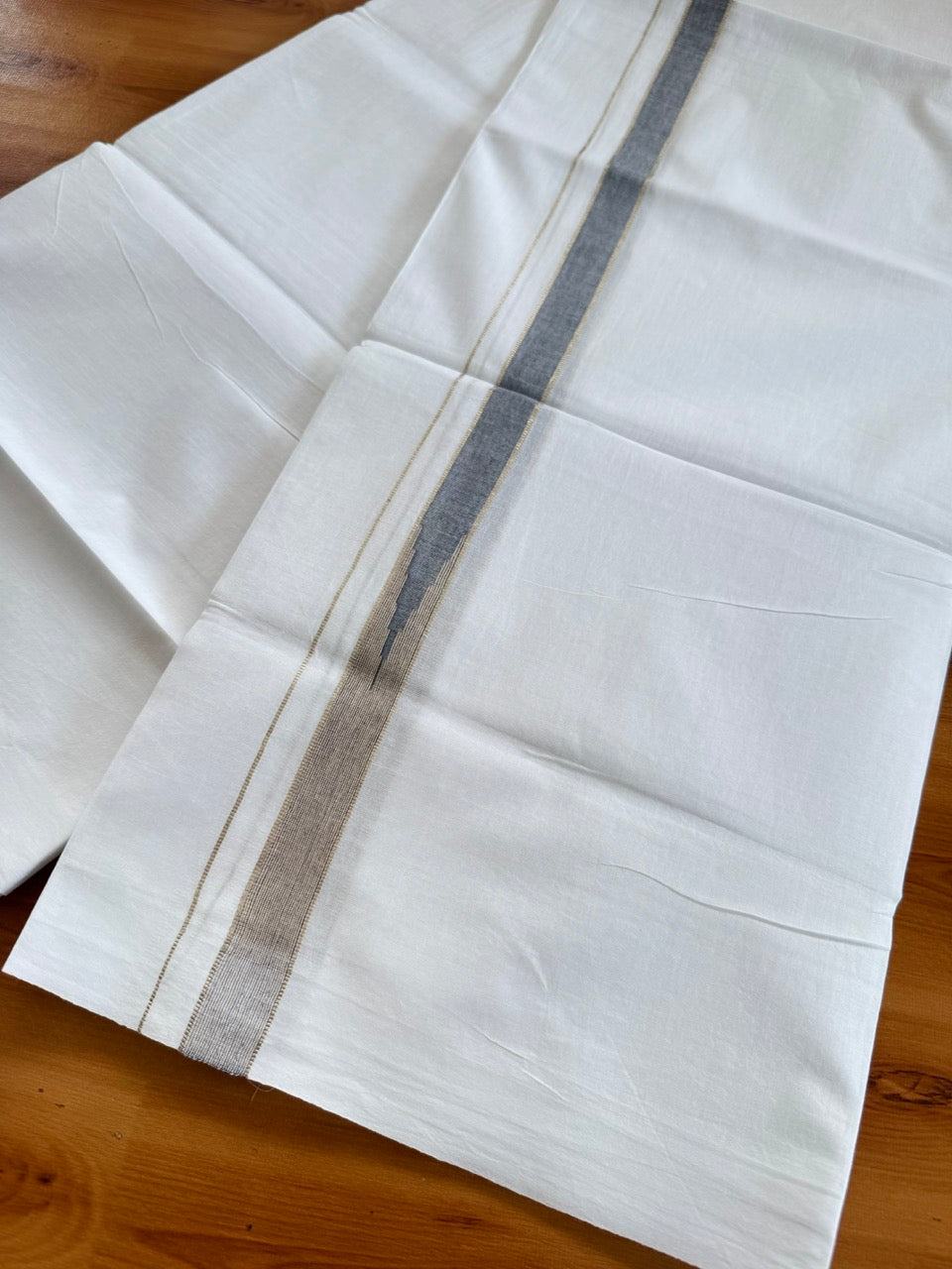 Double Pure White Mundu/Dhoti - 20% Discount !! KaithariKada Balaramapuram 100% Cotton - 100x80 - 0.75 inch Black Shaded & Sand Brown Silver Kasav Chutty Kara 3.80 mtr (8 muzham) - 9 KK5505 VAS