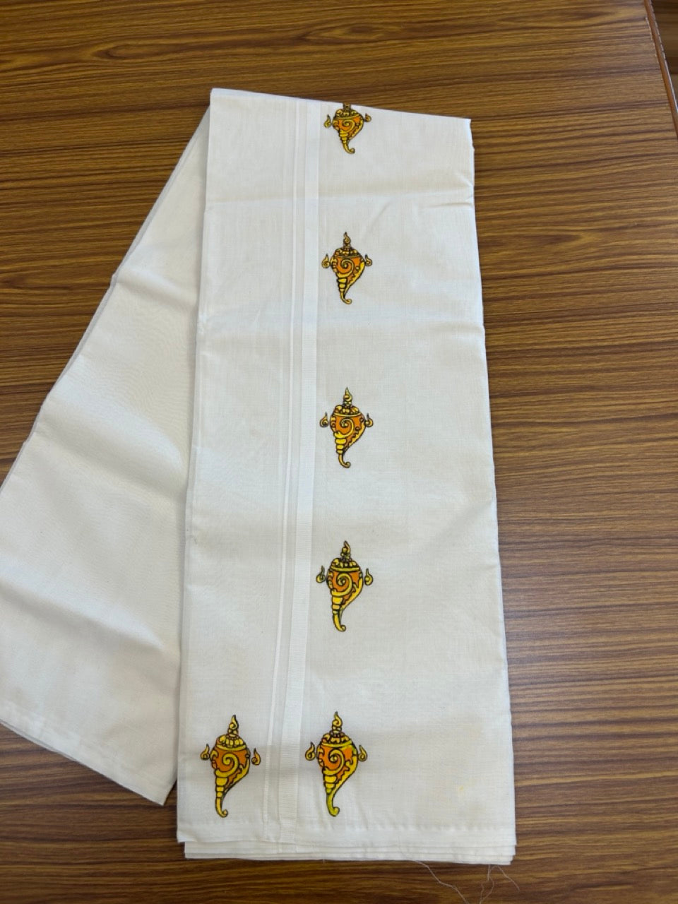 KaithariKada Balaramapuram 100% Cotton Double Off white - (Unbleached) Mundu/Dhoti-100x80 - 0.5 inch Hand Painted Orange & Yellow Mural Design Kara 3.75 mtr (8 muzham) - 10 KK5244 ASH