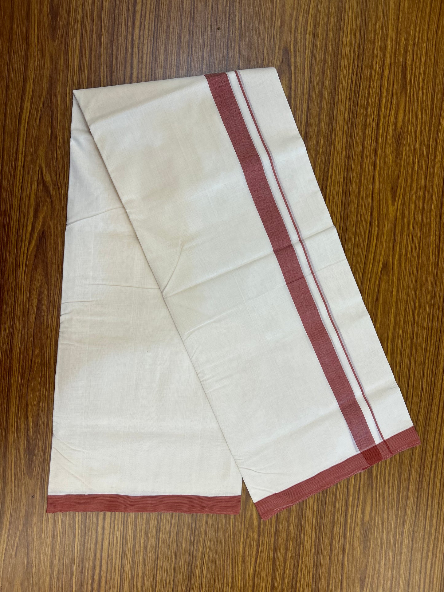 25% Discount! KaithariKada Handloom Unakkupaav   - Kerala Handloom - 100% Pure Cotton Off White (Unbleached) Double Mundu/Dothi - 100x80 - 1.25 inch Maroon & Peach Kara 4.5 Meters (10 Muzham) - 7 KK5353 REA