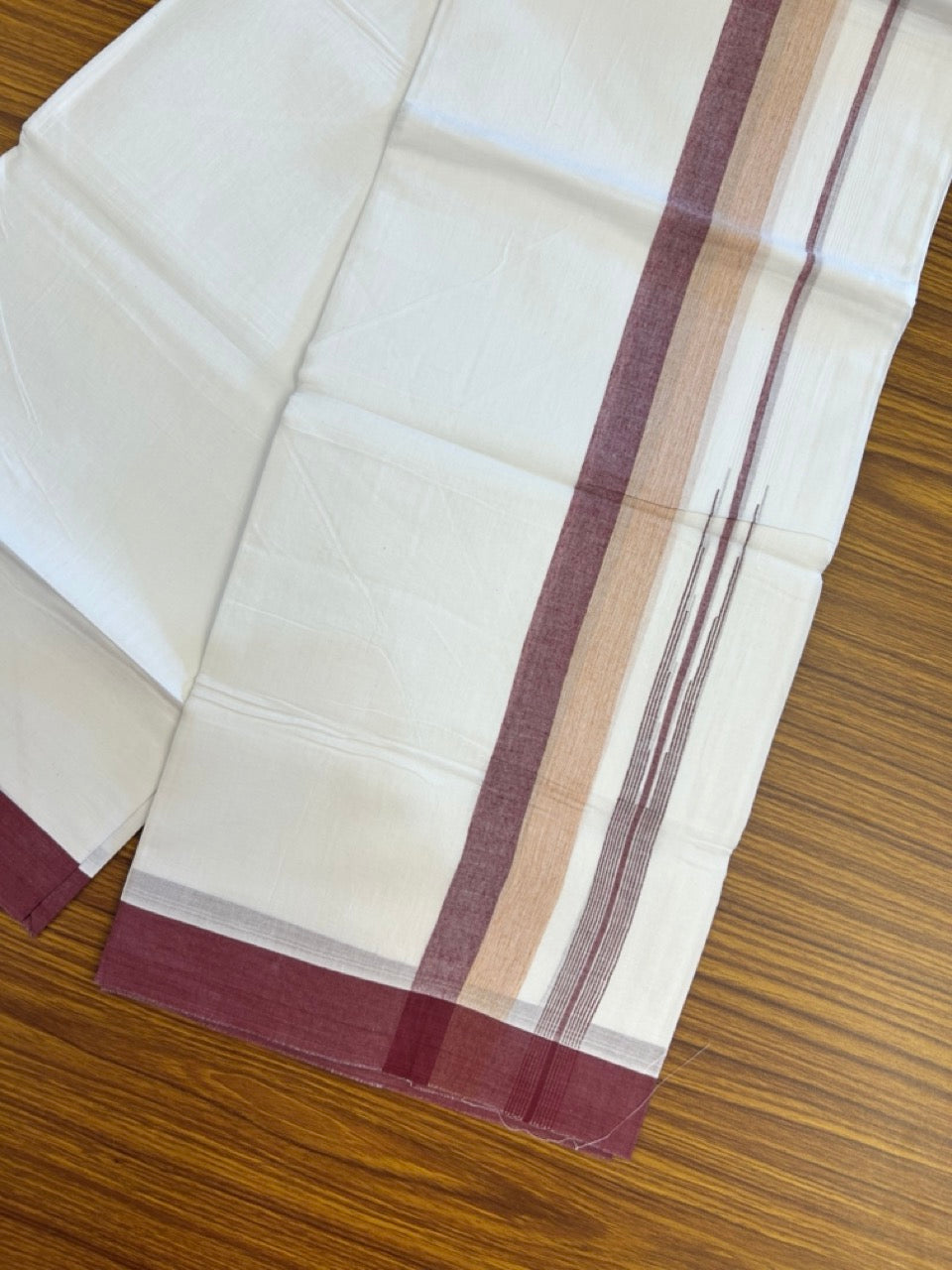 20% Discount ! Kaitharikada Balaramapuram 100% Pure Cotton Double Pure White Mundu/Dhoti - 100x80 - 1.5 inch Light Orange & Wine Purple Green shaded chutty 3.90 mtr (8.5 muzham) - 90 KK5287 PMC