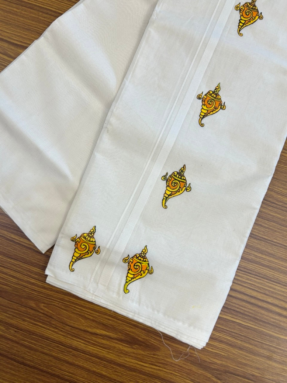 KaithariKada Balaramapuram 100% Cotton Double Off white - (Unbleached) Mundu/Dhoti-100x80 - 0.5 inch Hand Painted Orange & Yellow Mural Design Kara 3.75 mtr (8 muzham) - 10 KK5244 ASH