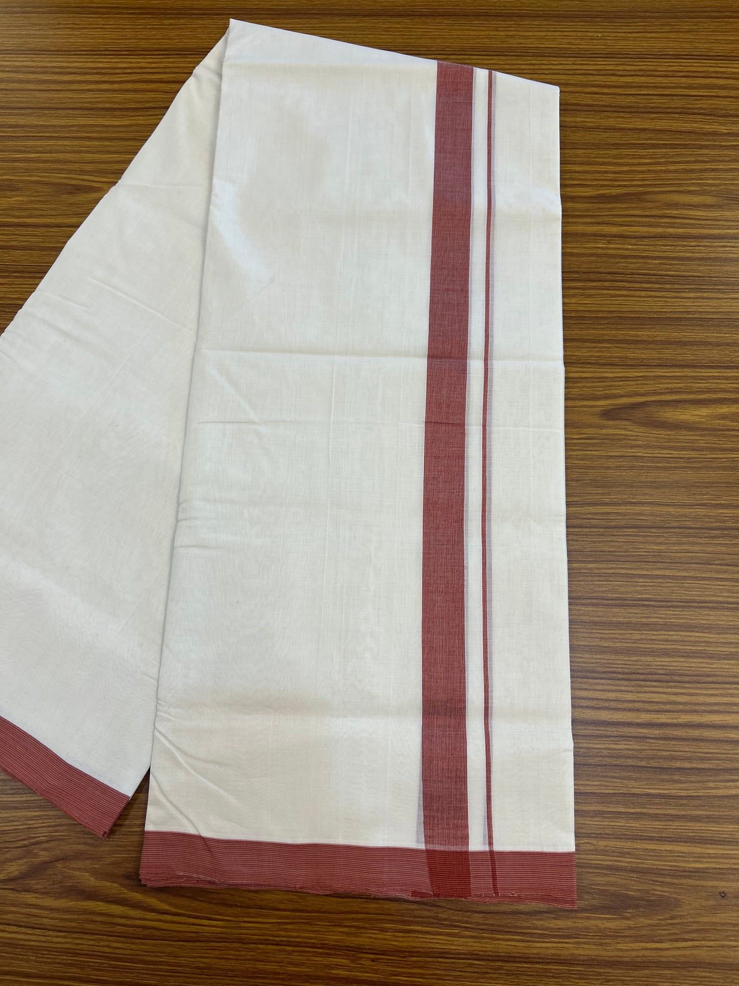 25% Discount! KaithariKada Handloom Unakkupaav   - Kerala Handloom - 100% Pure Cotton Off White (Unbleached) Double Mundu/Dothi - 100x80 - 1.25 inch Maroon & Peach Kara 4.5 Meters (10 Muzham) - 7 KK5353 REA