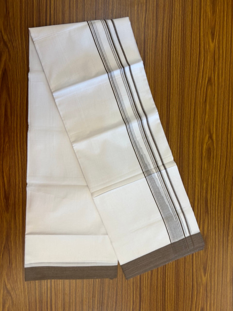 20% Discount ! Kaitharikada Balaramapuram 100% Pure Cotton Double Pure White Mundu/Dhoti - 100x80 - 1.75 inch Brown striped chutty 3.90 mtr (8.5 muzham) - 70 KK5287 PMC
