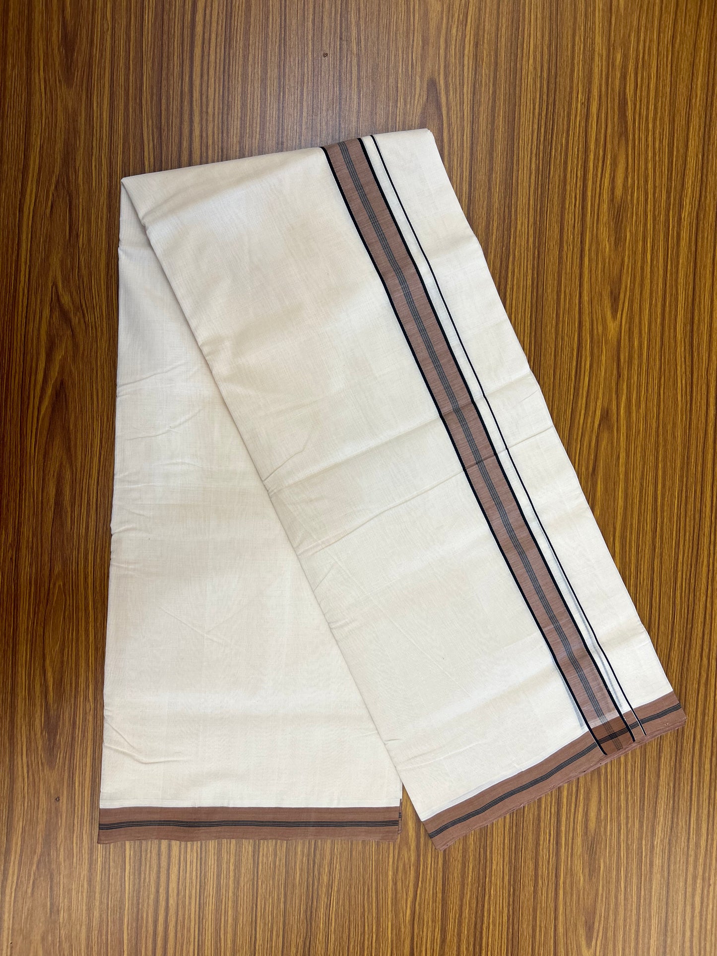 25% Discount! KaithariKada Handloom Unakkupaav   - Kerala Handloom - 100% Pure Cotton Off White (Unbleached) Double Mundu/Dothi - 100x80 - 1.5 inch Brown & Black Kara 4.5 Meters (10 Muzham) - 8 KK5353 REA