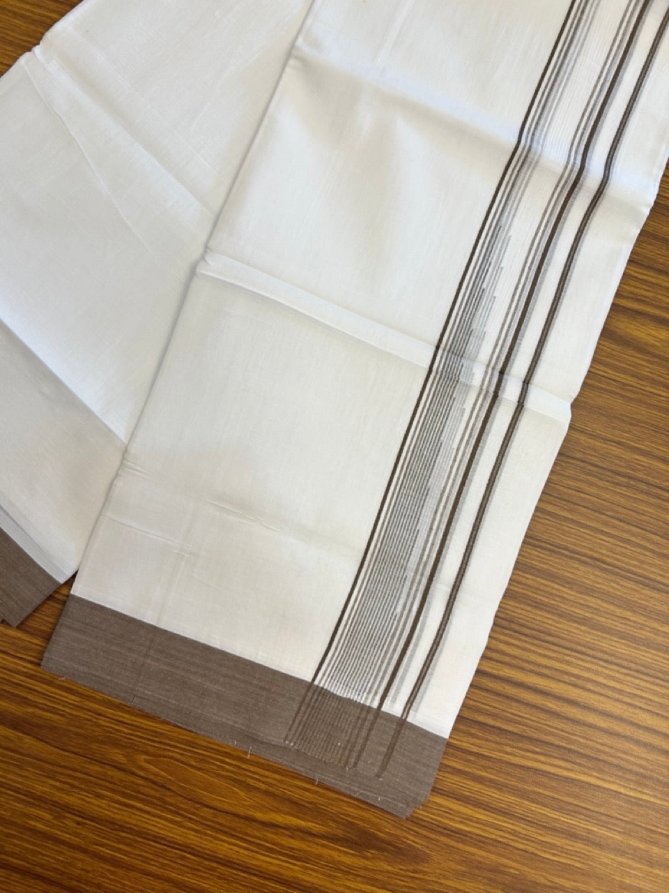 20% Discount ! Kaitharikada Balaramapuram 100% Pure Cotton Double Pure White Mundu/Dhoti - 100x80 - 1.75 inch Brown striped chutty 3.90 mtr (8.5 muzham) - 70 KK5287 PMC