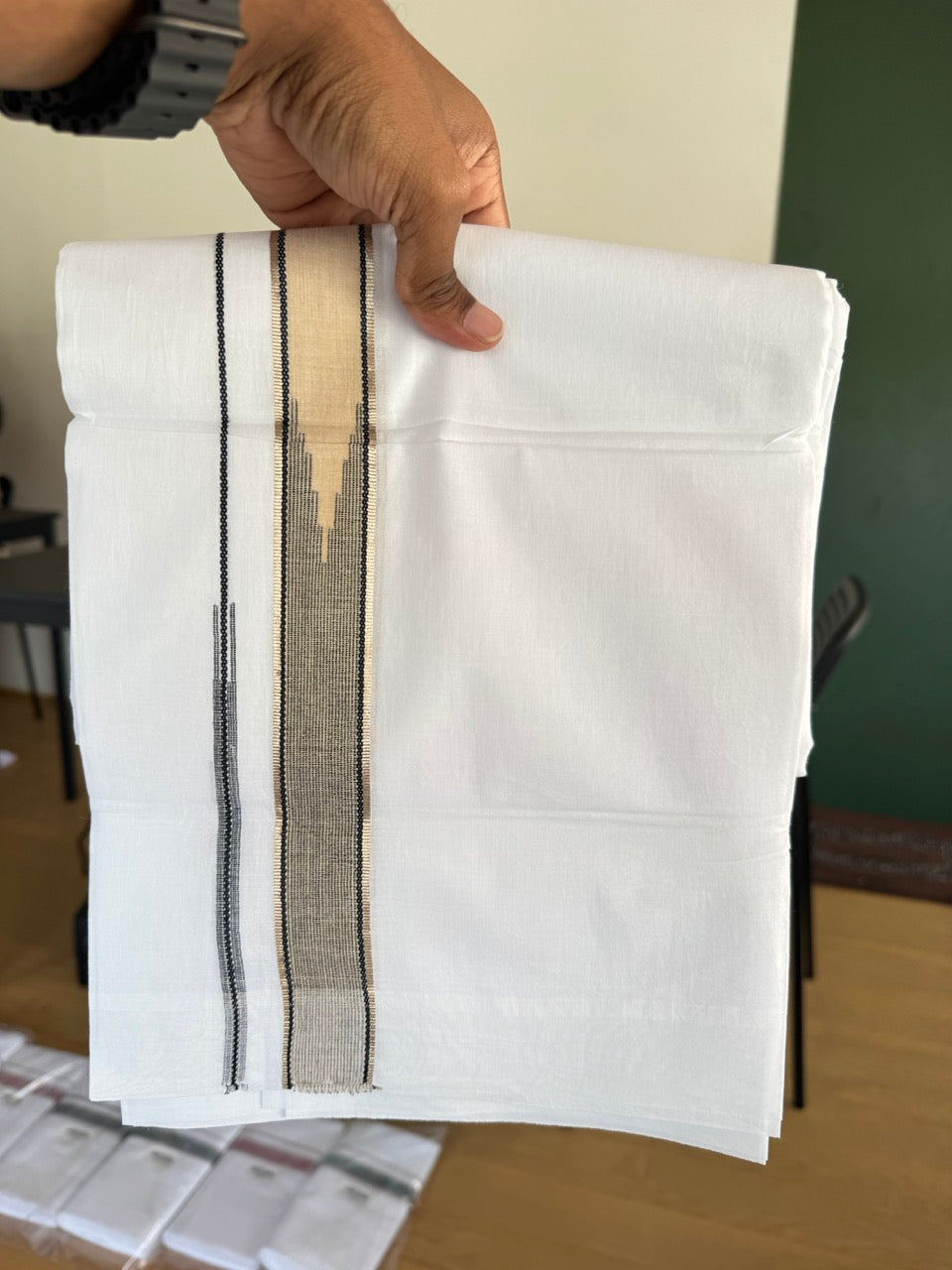 Double Pure White Mundu/Dhoti - 20% Discount !! KaithariKada Balaramapuram 100% Cotton - 100x80 - 1.25 inch Sand Brown & Black Silver Kasav Chutty Kara 3.80 mtr (8 muzham) - 5 KK5505 VAS