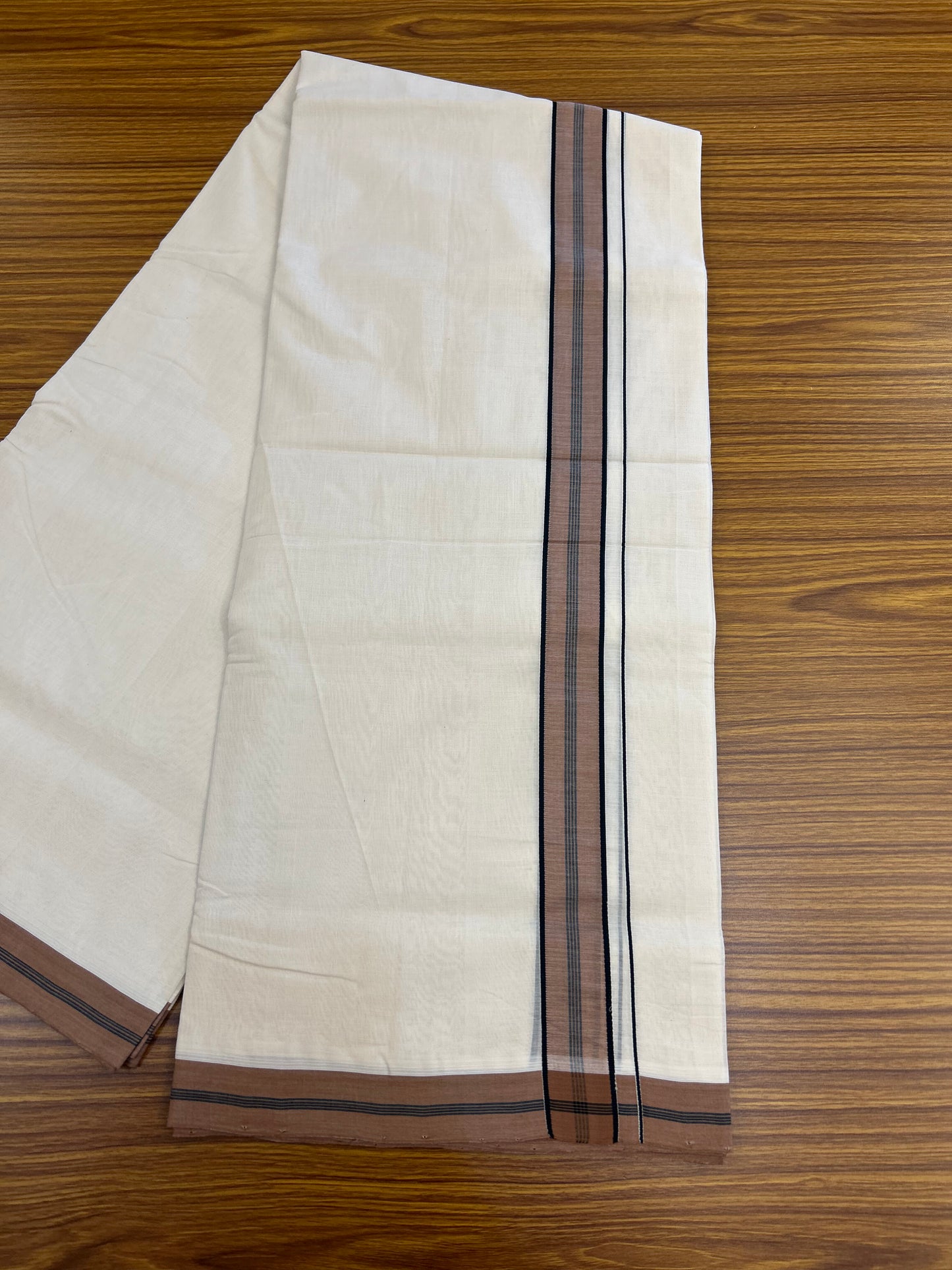 25% Discount! KaithariKada Handloom Unakkupaav   - Kerala Handloom - 100% Pure Cotton Off White (Unbleached) Double Mundu/Dothi - 100x80 - 1.5 inch Brown & Black Kara 4.5 Meters (10 Muzham) - 8 KK5353 REA