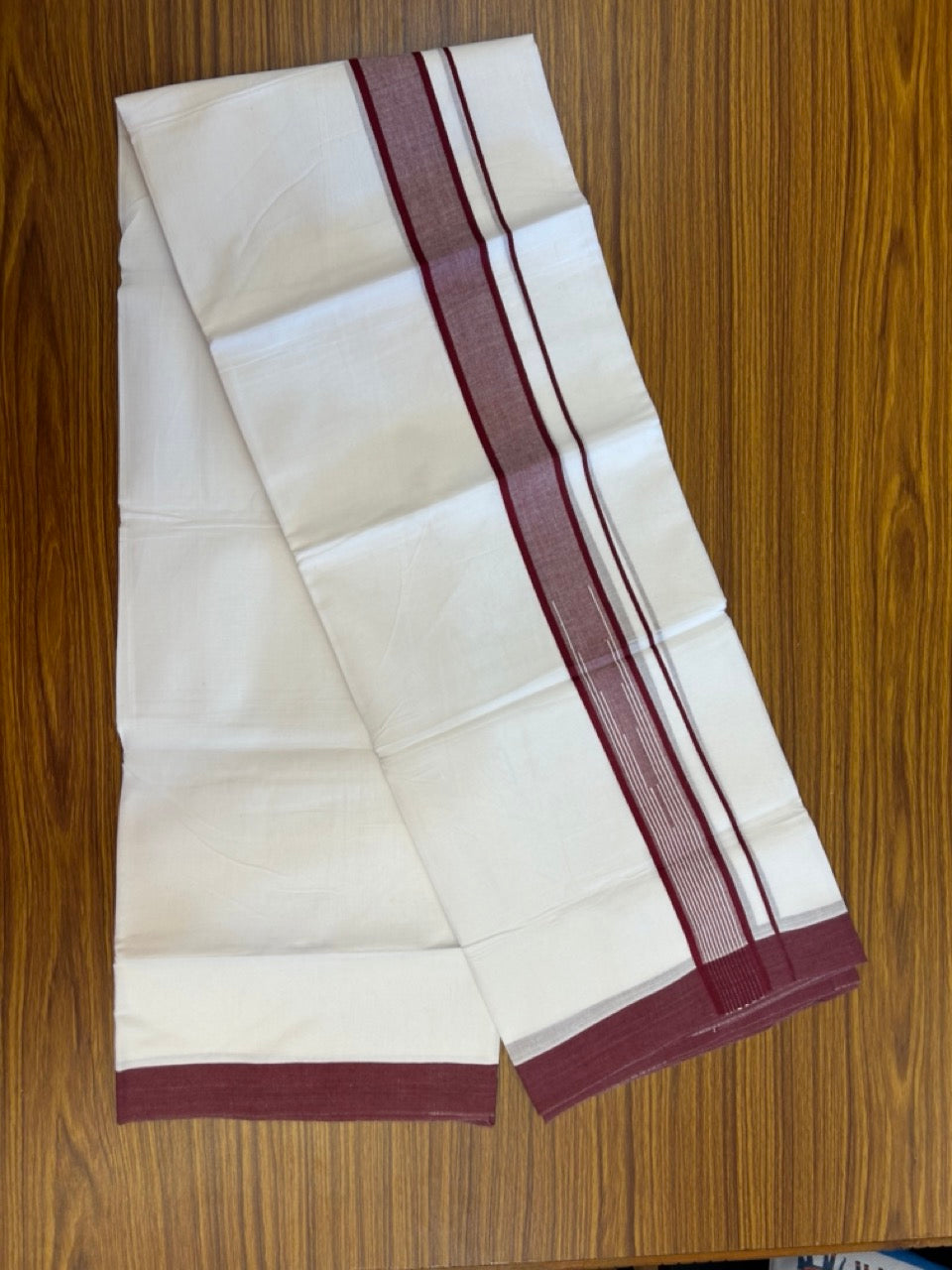 20% Discount ! Kaitharikada Balaramapuram 100% Pure Cotton Double Pure White Mundu/Dhoti - 100x80 - 1.5 inch Maroon shaded white striped chutty 3.90 mtr (8.5 muzham) - 46 KK5287 PMC