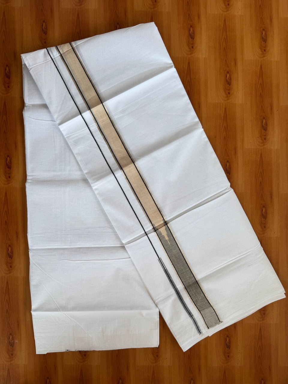 Double Pure White Mundu/Dhoti - 20% Discount !! KaithariKada Balaramapuram 100% Cotton - 100x80 - 1.25 inch Sand Brown & Black Silver Kasav Chutty Kara 3.80 mtr (8 muzham) - 5 KK5505 VAS