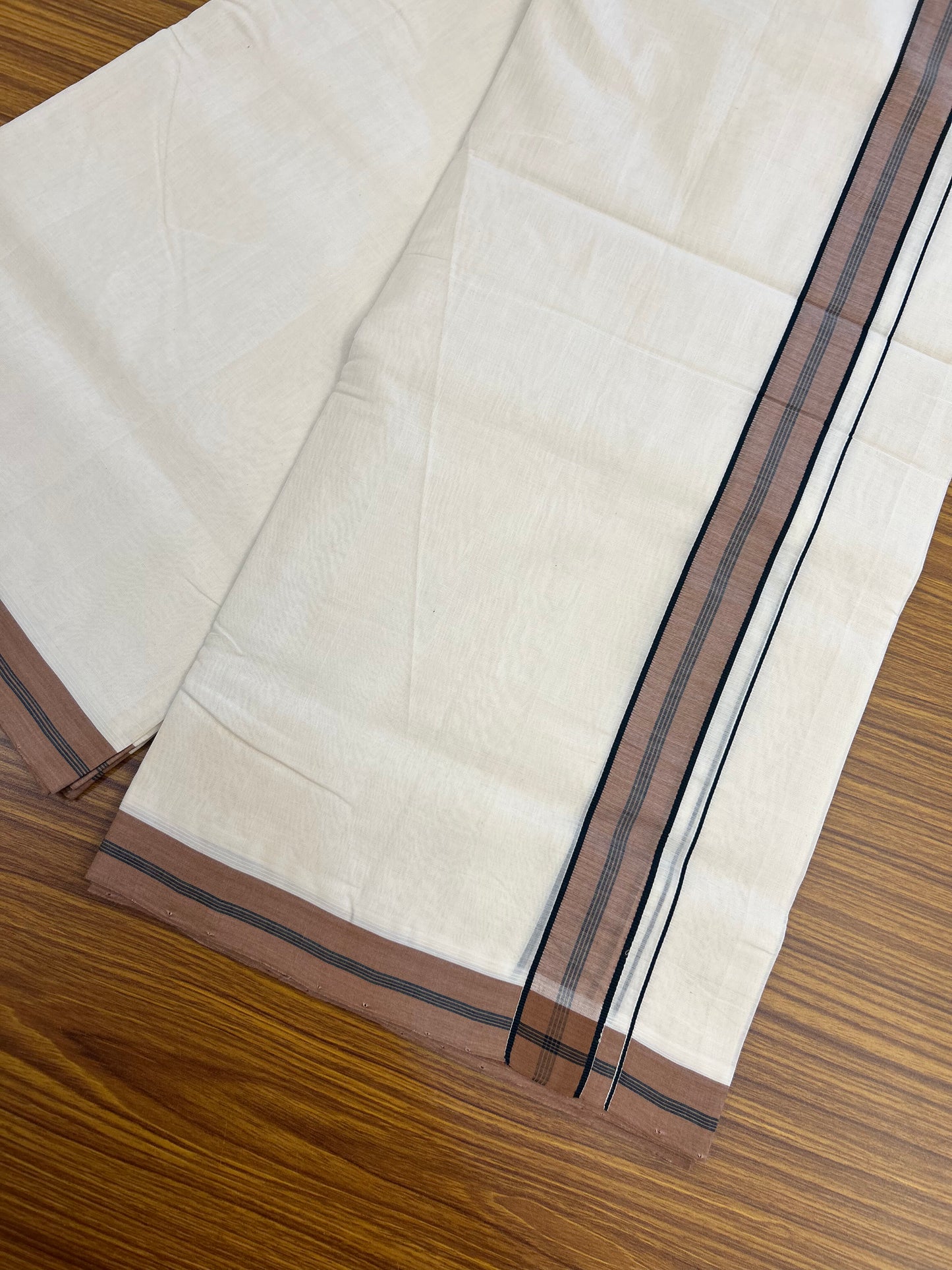 25% Discount! KaithariKada Handloom Unakkupaav   - Kerala Handloom - 100% Pure Cotton Off White (Unbleached) Double Mundu/Dothi - 100x80 - 1.5 inch Brown & Black Kara 4.5 Meters (10 Muzham) - 8 KK5353 REA