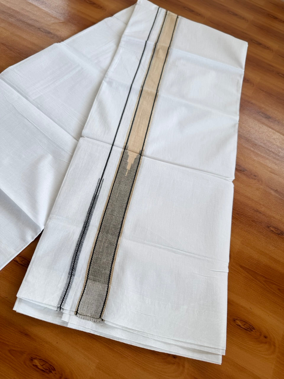 Double Pure White Mundu/Dhoti - 20% Discount !! KaithariKada Balaramapuram 100% Cotton - 100x80 - 1.25 inch Sand Brown & Black Silver Kasav Chutty Kara 3.80 mtr (8 muzham) - 5 KK5505 VAS
