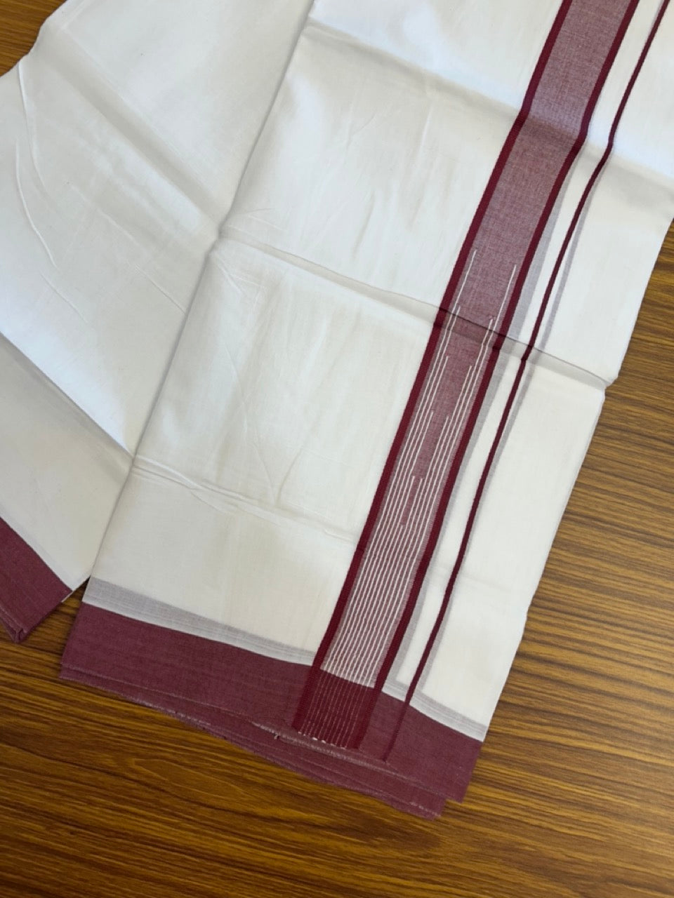 20% Discount ! Kaitharikada Balaramapuram 100% Pure Cotton Double Pure White Mundu/Dhoti - 100x80 - 1.5 inch Maroon shaded white striped chutty 3.90 mtr (8.5 muzham) - 46 KK5287 PMC