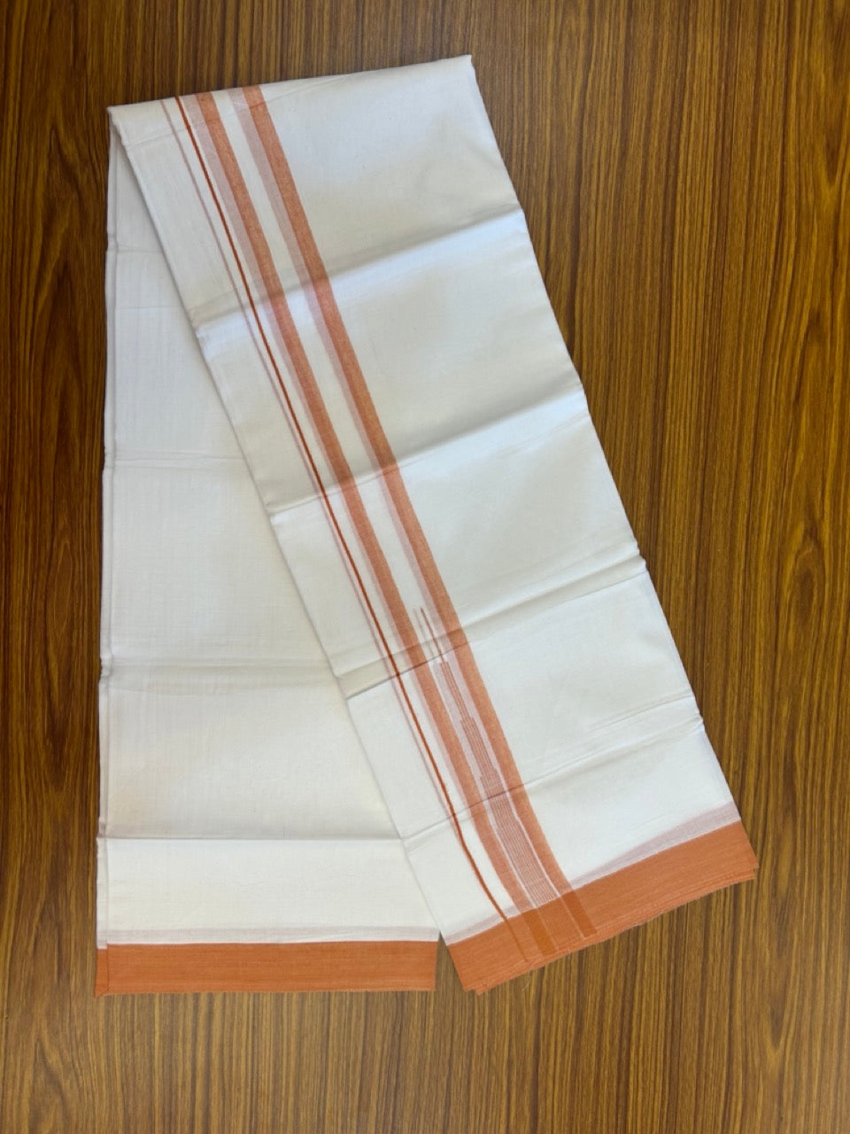 20% Discount ! Kaitharikada Balaramapuram 100% Pure Cotton Double Pure White Mundu/Dhoti - 100x80 - 1.5 inch Orange Brown shaded striped temple chutty 3.90 mtr (8.5 muzham) - 59 KK5287 PMC