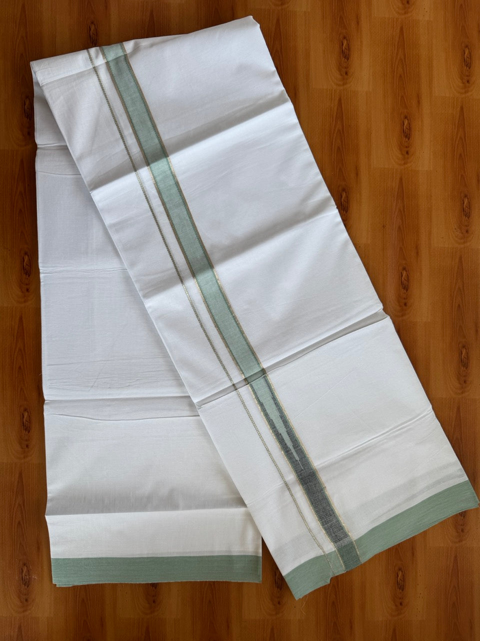 Double Pure White Mundu/Dhoti - 20% Discount !! KaithariKada Balaramapuram 100% Cotton - 100x80 - 0.75 inch Mint Green Shaded & Black Silver Kasav Chutty Kara 3.80 mtr (8 muzham) - 11 KK5505 VAS