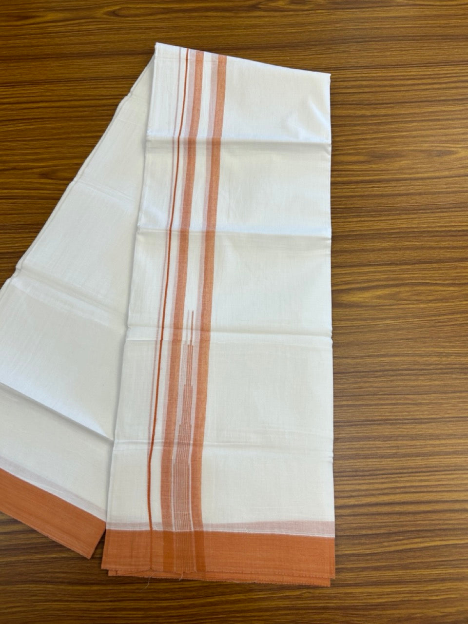 20% Discount ! Kaitharikada Balaramapuram 100% Pure Cotton Double Pure White Mundu/Dhoti - 100x80 - 1.5 inch Orange Brown shaded striped temple chutty 3.90 mtr (8.5 muzham) - 59 KK5287 PMC