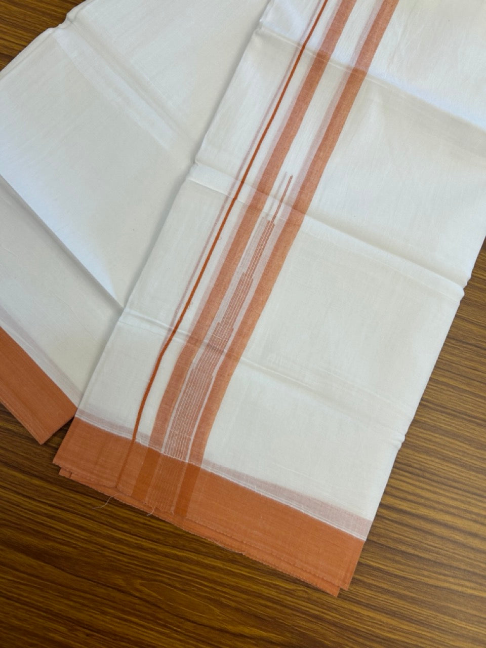 20% Discount ! Kaitharikada Balaramapuram 100% Pure Cotton Double Pure White Mundu/Dhoti - 100x80 - 1.5 inch Orange Brown shaded striped temple chutty 3.90 mtr (8.5 muzham) - 59 KK5287 PMC