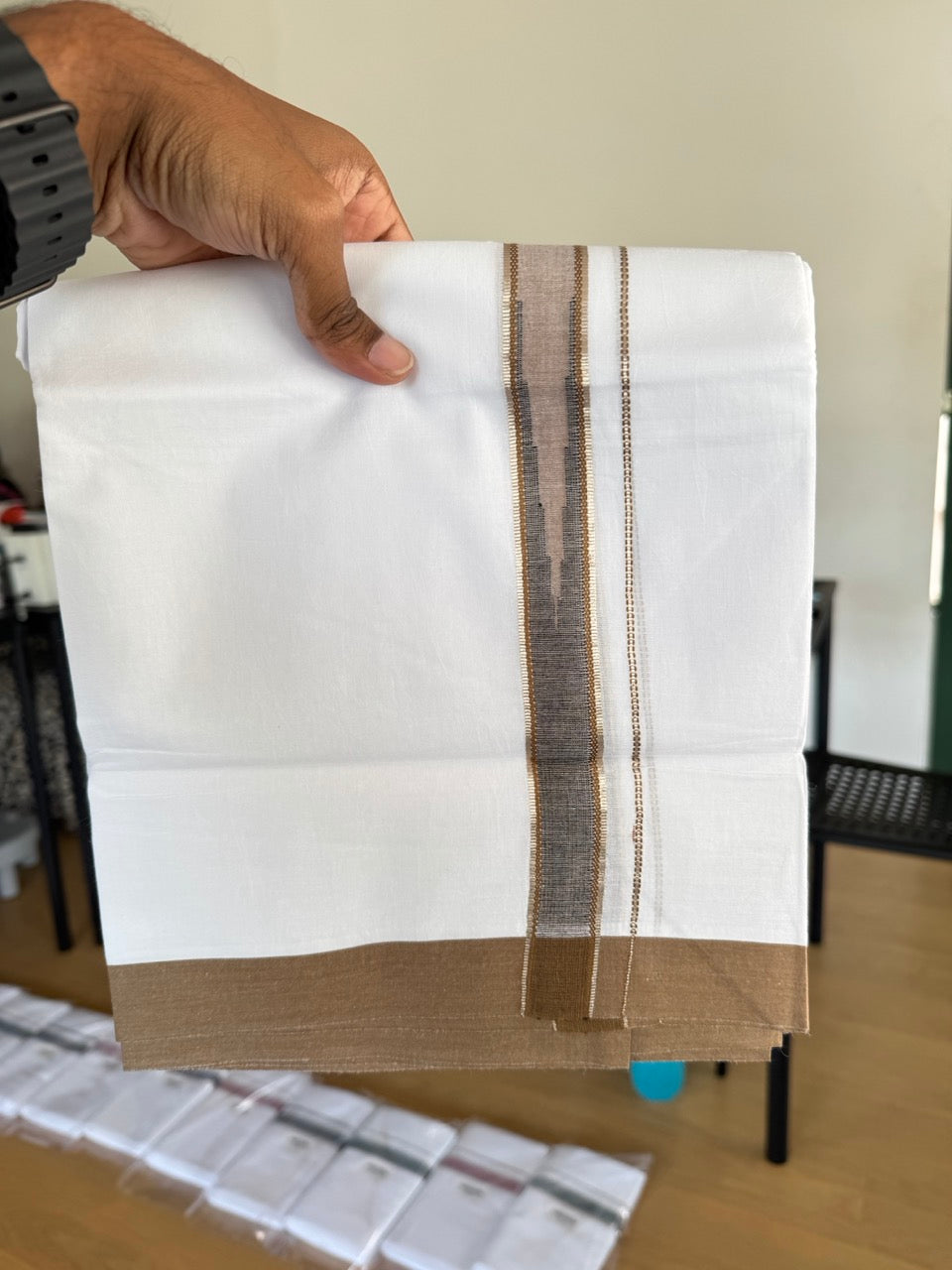 Double Pure White Mundu/Dhoti - 20% Discount !! KaithariKada Balaramapuram 100% Cotton - 100x80 - 1.25 inch Brown & Black Silver Kasav Chutty Kara 3.80 mtr (8 muzham) - 8 KK5505 VAS