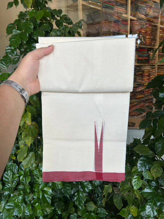 25% Discount!! KaithariKada Handloom Unakkupaav - Kerala Handloom - 100% Pure Cotton Off White - (Unbleached) Double Mundu/Dothi - 100x80 - 0.75 inch Maroon Chutty Kara 3.80 mtr (8 muzham) - 10 KK5353 REA
