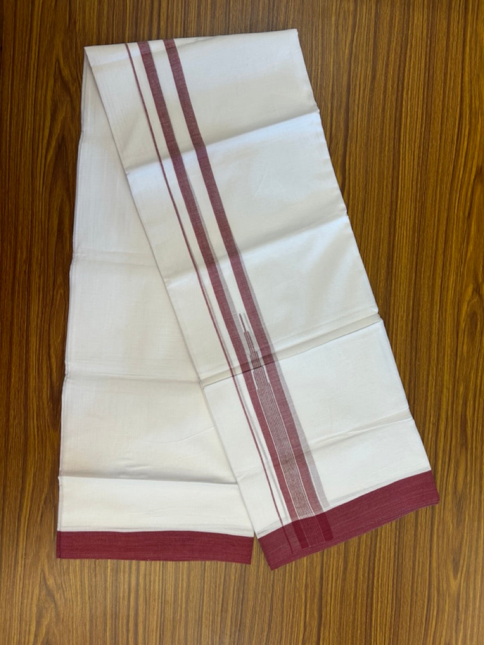20% Discount ! Kaitharikada Balaramapuram 100% Pure Cotton Double Pure White Mundu/Dhoti - 100x80 - 1.5 inch Maroon shaded striped temple chutty 3.90 mtr (8.5 muzham) - 57 KK5287 PMC