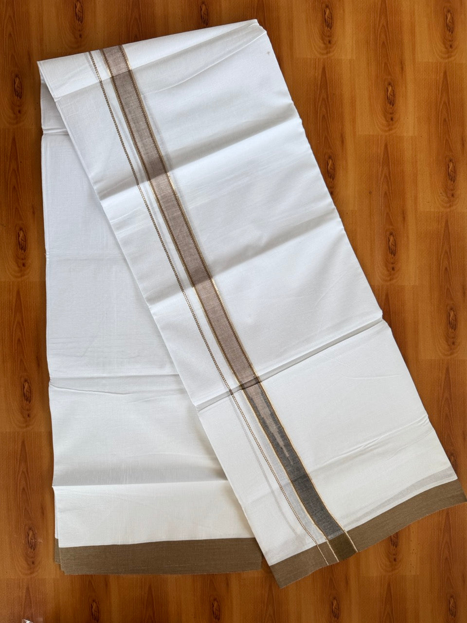 Double Pure White Mundu/Dhoti - 20% Discount !! KaithariKada Balaramapuram 100% Cotton - 100x80 - 1.25 inch Brown & Black Silver Kasav Chutty Kara 3.80 mtr (8 muzham) - 8 KK5505 VAS