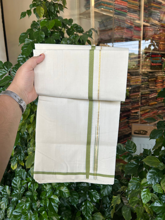 25% Discount!! KaithariKada Handloom Unakkupaav - Kerala Handloom - 100% Pure Cotton Off White - (Unbleached) Double Mundu/Dothi - 100x80 - Pure Jerry 1 cm Gold Kasav & Pear Green Chutty Kara 3.80 mtr (8 muzham) - 16 KK5353 REA