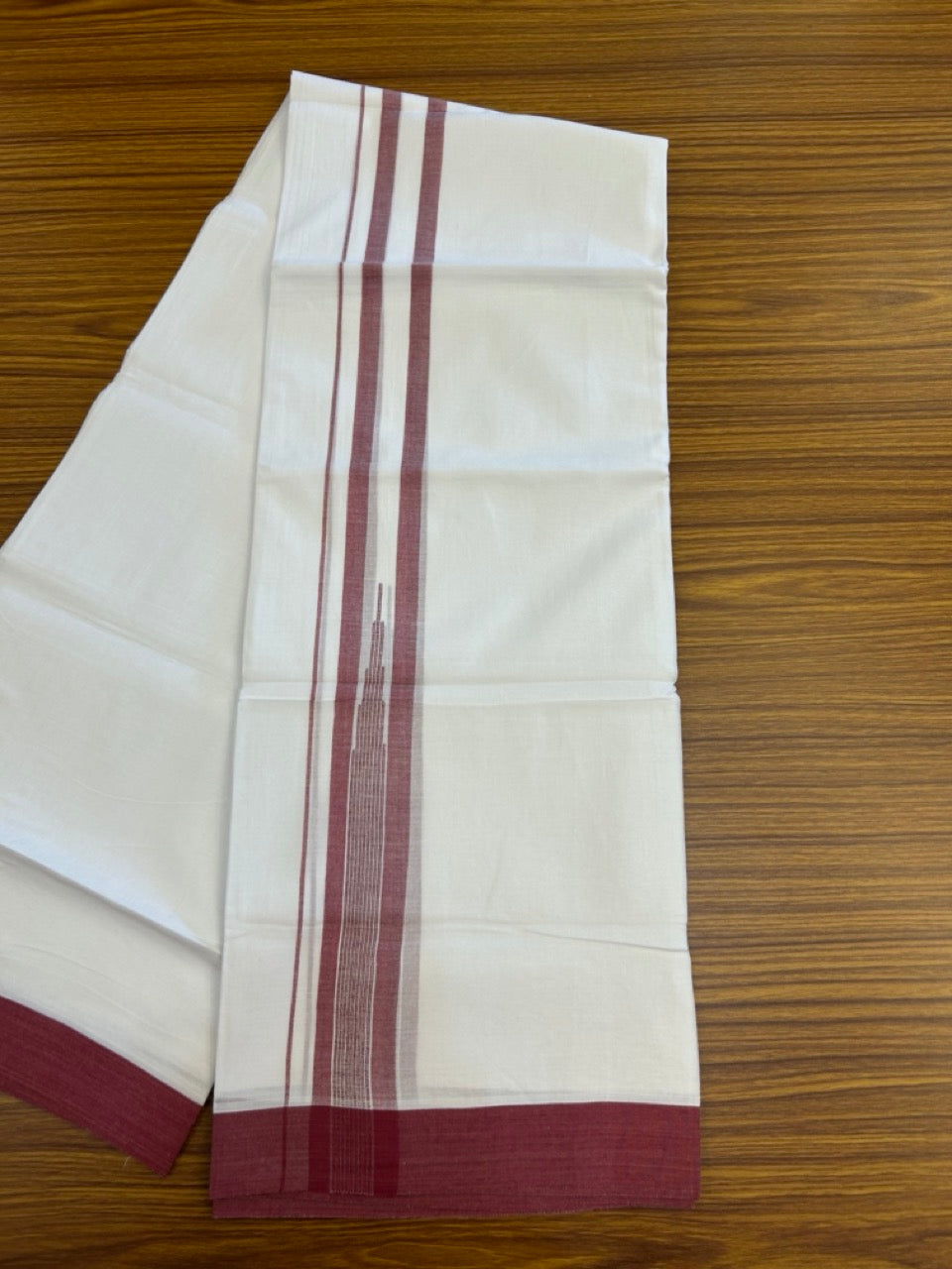 20% Discount ! Kaitharikada Balaramapuram 100% Pure Cotton Double Pure White Mundu/Dhoti - 100x80 - 1.5 inch Maroon shaded striped temple chutty 3.90 mtr (8.5 muzham) - 57 KK5287 PMC