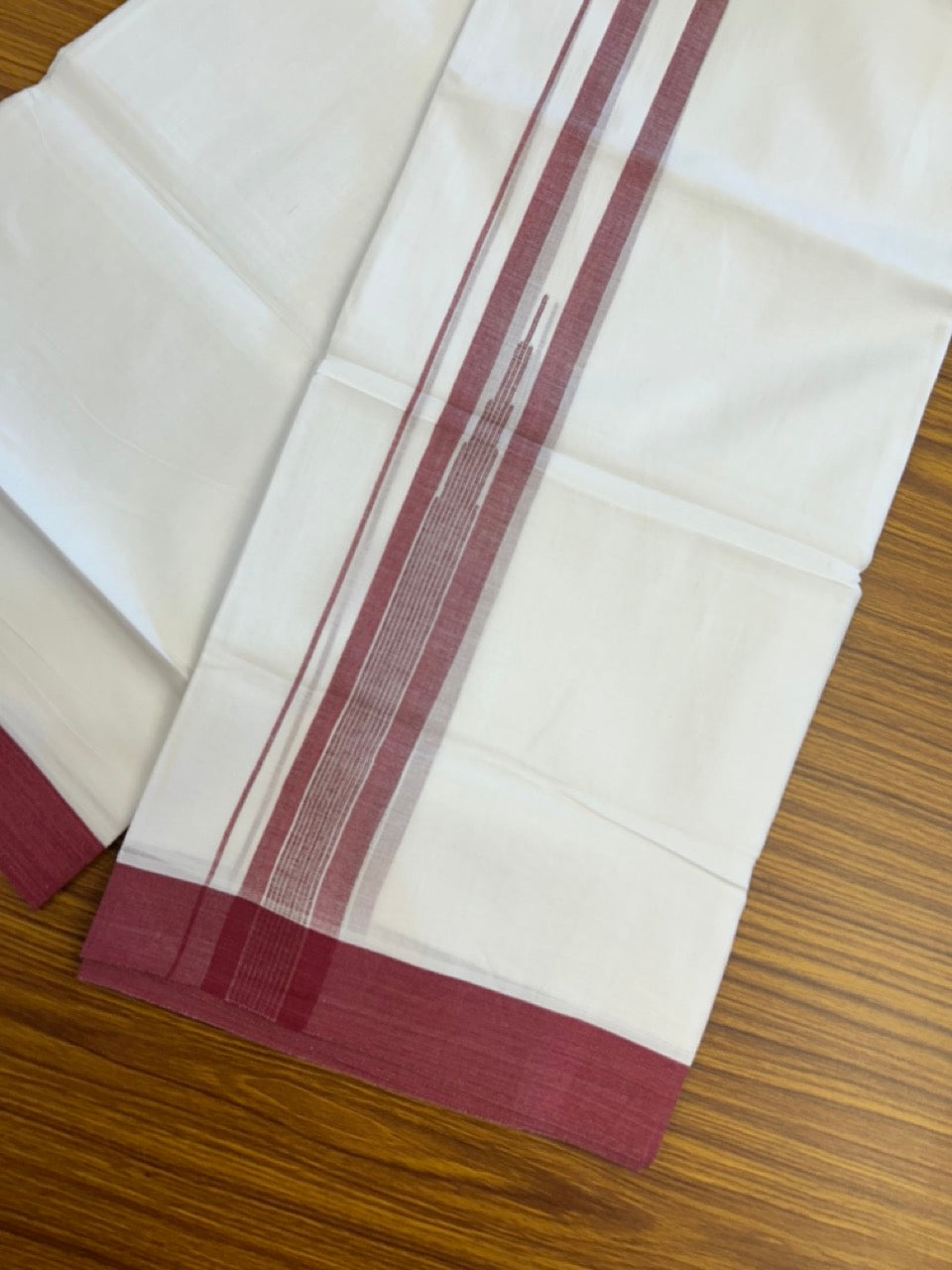 20% Discount ! Kaitharikada Balaramapuram 100% Pure Cotton Double Pure White Mundu/Dhoti - 100x80 - 1.5 inch Maroon shaded striped temple chutty 3.90 mtr (8.5 muzham) - 57 KK5287 PMC
