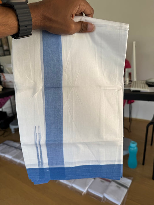 Pure White Double Mundu/Dhoti - 20% Discount ! Kaitharikada Balaramapuram 100% Cotton - 100x80 - 1.5 inch Puliyilakkara Blue Chutty Kara  3.90 mtr (8 muzham) - 1 KK5505 VAS