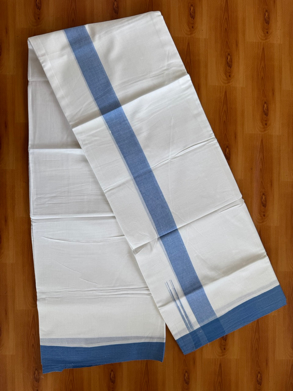 Pure White Double Mundu/Dhoti - 20% Discount ! Kaitharikada Balaramapuram 100% Cotton - 100x80 - 1.5 inch Puliyilakkara Blue Chutty Kara  3.90 mtr (8 muzham) - 1 KK5505 VAS