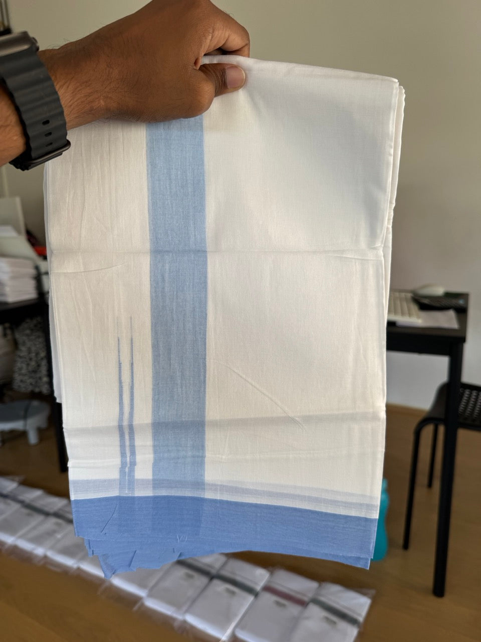 Pure White Double Mundu/Dhoti - 20% Discount ! Kaitharikada Balaramapuram 100% Cotton - 100x80 - 1.5 inch Puliyilakkara Light Blue Chutty Kara  3.90 mtr (8 muzham) - 2 KK5505 VAS