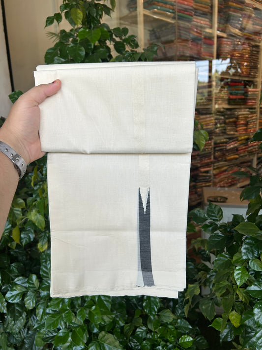 25% Discount!! KaithariKada Handloom Unakkupaav - Kerala Handloom - 100% Pure Cotton Off White - (Unbleached) Double Mundu/Dothi - 100x80 - 1.5 cm Black Chutty Kara 3.80 mtr (8 muzham) - 12 KK5353 REA