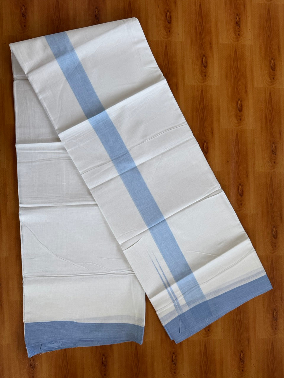 Pure White Double Mundu/Dhoti - 20% Discount ! Kaitharikada Balaramapuram 100% Cotton - 100x80 - 1.5 inch Puliyilakkara Light Blue Chutty Kara  3.90 mtr (8 muzham) - 2 KK5505 VAS