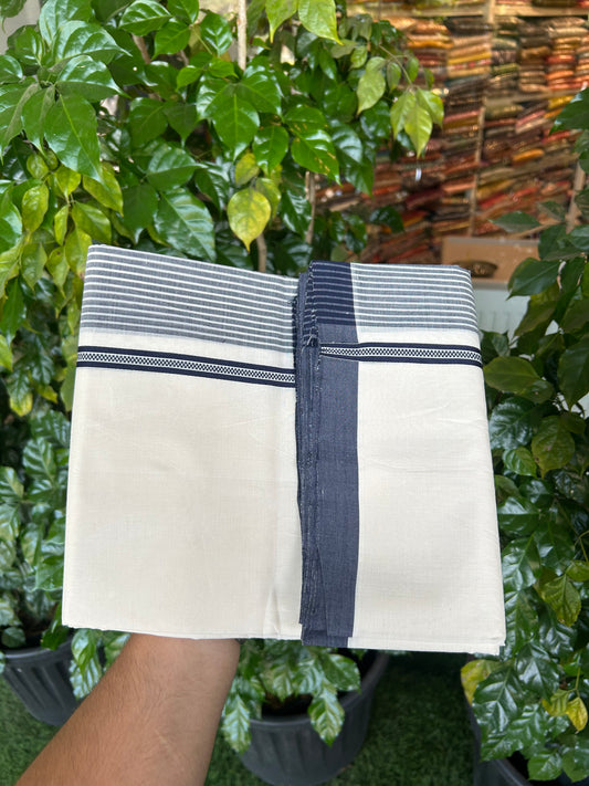 25% Discount!! KaithariKada Handloom Unakkupaav - Kerala Handloom - 100% Pure Cotton Off White (Unbleached) Double Mundu/Dothi - 100x80 - 4 inch Navy Blue Stripes Kara 3.80 mtr (8 muzham) - 18 KK5353 REA