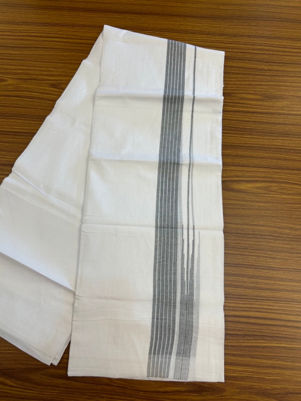 20% Discount ! Kaitharikada Balaramapuram 100% Pure Cotton Double Pure White Mundu/Dhoti - 100x80 - 1.5 inch Ash Black shaded striped chutty 3.90 mtr (8.5 muzham) - 75 KK5287 PMC