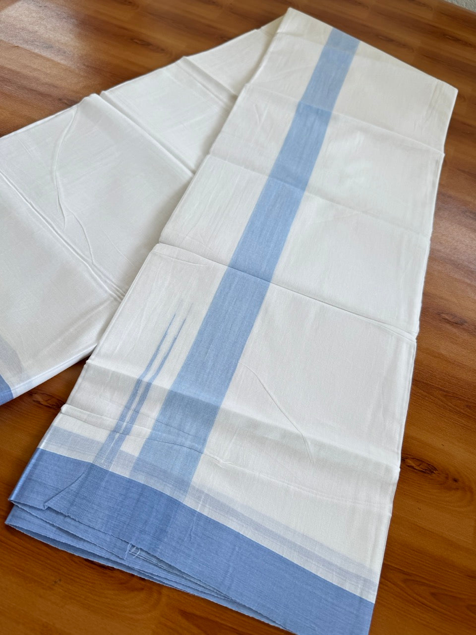 Pure White Double Mundu/Dhoti - 20% Discount ! Kaitharikada Balaramapuram 100% Cotton - 100x80 - 1.5 inch Puliyilakkara Light Blue Chutty Kara  3.90 mtr (8 muzham) - 2 KK5505 VAS