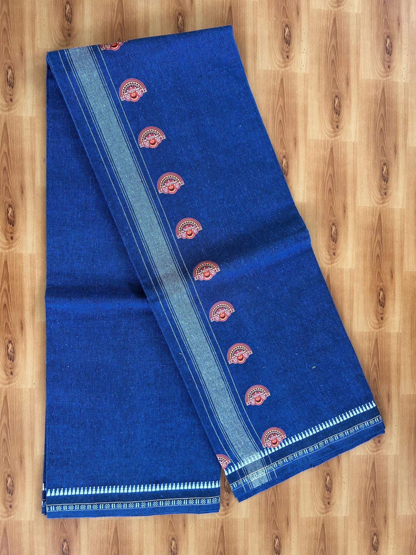 Single Kaily / Lungi - Mixed Cotton - 40s twisted - Theyyam Design Printed Kuppadam 2 inch White Stripes Kara with Dark Blue Colour Body (2 meter / 4 muzham) - 4 KK5423 GAN